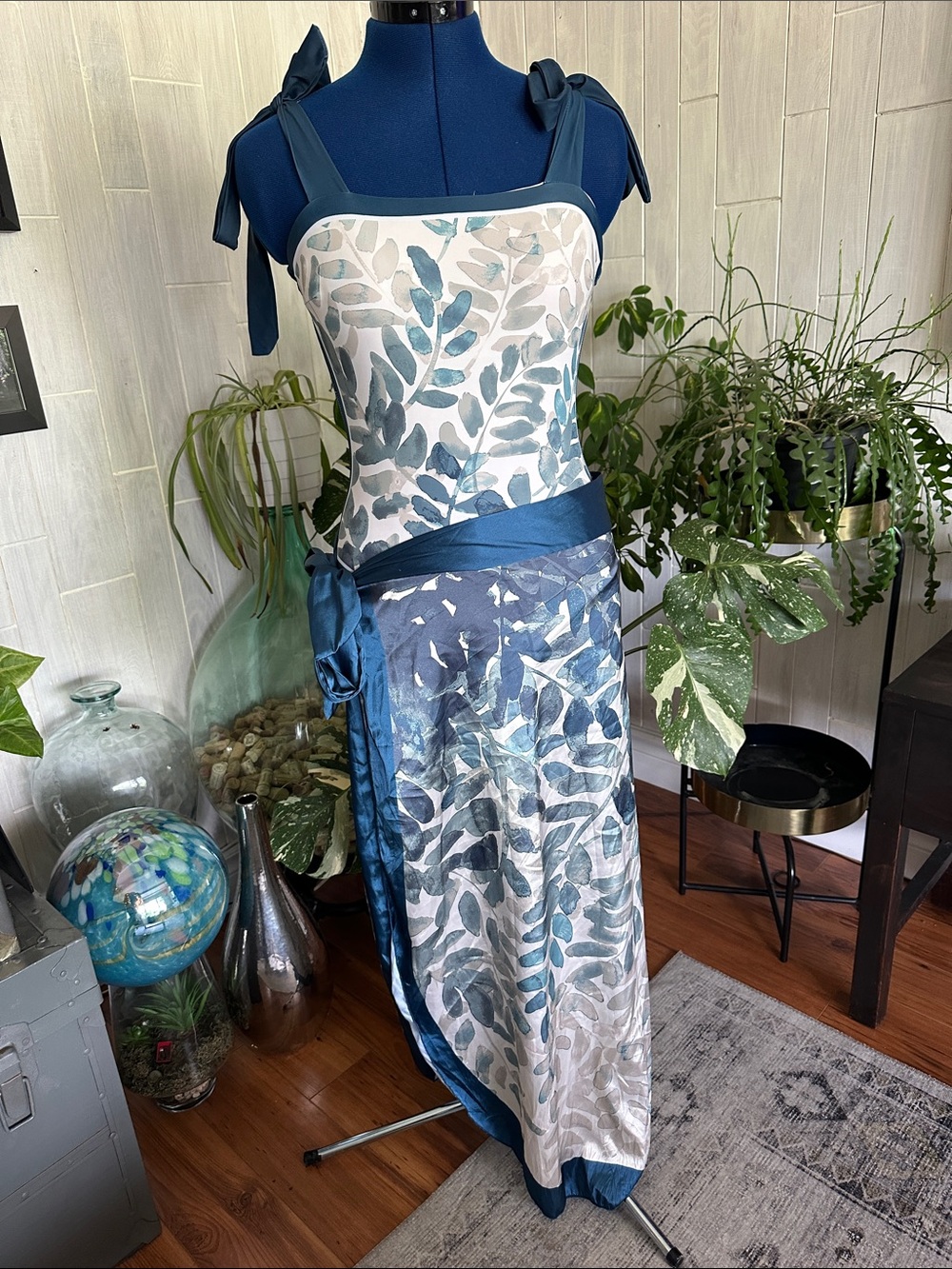 Blue Leaf-Print One-Piece Swimsuit with Tie Straps